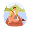 Man rowing with paddle, relaxing in wood boat in river. Relaxation on lake, in nature on summer vacation. Happy