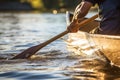 Man rows an oar in a canoe. Generate Ai Royalty Free Stock Photo