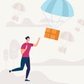 Man Run and Catching Parcel Falling with Parachute Royalty Free Stock Photo