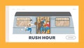 Man Run in Subway Platform to Crowded Train in Rushtime Landing Page Template. Characters Pushing Each Other in Metro