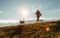 Man runing with his beagle dog at sunny morning. Healthy lifestyle and Canicross exercises jogging concept image Royalty Free Stock Photo