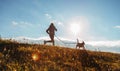 Man runing with his beagle dog at sunny morning. Healthy lifestyle and Canicross exercises jogging concept image
