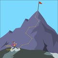Man runing mountain with flag on top on his way to success. Business success Vector. Flat cartoon style. Vector illustration.