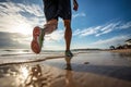 Man runner seashore seaside tropical waves ocean island nature. Jogger legs sandy beach leisure time activity fitness Royalty Free Stock Photo