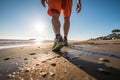 Man runner seashore seaside tropical waves ocean island nature. Jogger legs sandy beach leisure time activity fitness Royalty Free Stock Photo