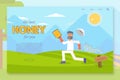 Man running away from bee swarm landing page flat template