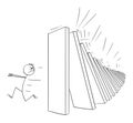 Man Running Away From Falling Domino Peaces, Domino Effect, Vector Cartoon Stick Figure Illustration Royalty Free Stock Photo