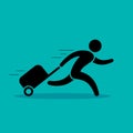 Man is running with a bag, hurrying to the transport. Vector color illustration isolated on blue