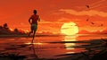 A man running on the beach at sunset. Generative AI image. Royalty Free Stock Photo