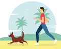 Man running with the dog on the beach. Vector illustration. Royalty Free Stock Photo