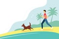 Man running with the dog on the beach. Summer vector illustration. Royalty Free Stock Photo