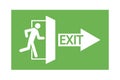 A man running at the door. Arrow labeled EXIT. Green evacuation sign. A pointer to escape. Stock image