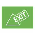 A man running at the door. Down arrow to the left labeled EXIT. Green evacuation sign. A pointer to escape Royalty Free Stock Photo