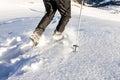 Man running downhill through deep snow with snoeshoes and hiking sticks. Royalty Free Stock Photo