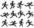 Man running figure black pictograms, jogging activity vector icons isolated on white