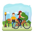 Man running on freelance, rest on bench, girl rides bicycle.