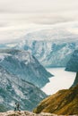 Man running at Naeroyfjord mountains landscape Royalty Free Stock Photo