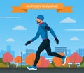 Man running outdoors in autumn. Running and jogging in cold fall weather. Vector illustration in flat style