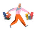 Man running on shopping, shopper people on sales, happy buyer man holding basket