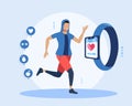 Man running with a smartwatch next to him giving exercise data and heart, weights and water icons. healthy living concept