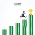 Businessman is running toward to the trophy at the tallest money post. Success Concept