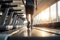 Man running on treadmill in modern fitness gym. Healthy lifestyle and wellness concept, man walking on treadmill at fitness gym Royalty Free Stock Photo