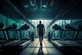 Man running on a treadmill in a modern gym. Rear view, A man walking on a treadmill at the fitness gym club, AI Generated Royalty Free Stock Photo