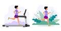 Man running on the treadmill and in the park. Concept illustration for jogging, healthy lifestyle, exercising.