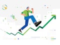 Man running up a business chart arrow graphic that goes upwards grows career