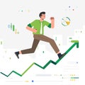 Man running up a business chart arrow graphic that goes upwards grows career