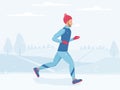 Man running in winter park, jogging outside in cold weather, physical activity outdoors in freezing cold, vector Royalty Free Stock Photo