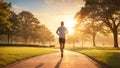 A man runs along a path in a park with a sunrise in the background Royalty Free Stock Photo