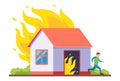 a man runs from a burning house. evacuation due to fire. Royalty Free Stock Photo