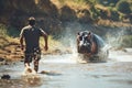 Man runs from a chasing huge aggressive hippopotamus in a river attack, a deadly danger in African wildlife