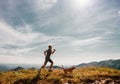 Man runs with his beagle dog on mountain top Royalty Free Stock Photo