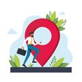 man runs towards geolocation. Geolocation symbol. GPS navigation service application. maps, get directions metaphors Royalty Free Stock Photo
