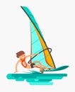 Man rushes on the board with sail. Active lifestyle. Windsurfing, water sport.