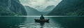 Man on Rustic lake boat in Mediterranean lake