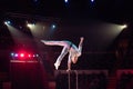 Man`s aerial acrobatics in the Circus arena. Royalty Free Stock Photo