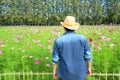 Man`s back wearing straw hat while looking at flower garden. Royalty Free Stock Photo