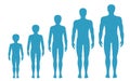 Man`s body proportions changing with age. Boy`s body growth stages. Vector illustration. Aging concept. Different man`s age