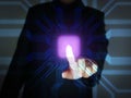A Man`s Finger Pushes Touch PurPle Virtual Screen Button to Activate Futuristic Artificial Intelligence, AI. Machine Learning.