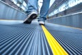 Man's foot walking in airport escalator