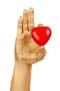 Man's golden hand with a red heart Royalty Free Stock Photo