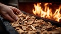 Man\'s Hand Adding Wood Chips to a Burning Fireplace Royalty Free Stock Photo