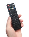 A man`s hand with a close-up remote control Royalty Free Stock Photo