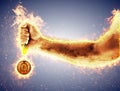 Man`s hand in a fire is holding gold medal. Winner in a competition. Royalty Free Stock Photo