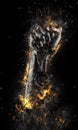 Man`s hand in a fire is holding up gold medal. Winner in a competition. Royalty Free Stock Photo