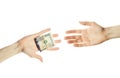 Man`s hand gives cash or buys. Two male hands empty and with us dollars cash money