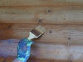 A man`s hand with a brush to paint a wooden wall. Royalty Free Stock Photo